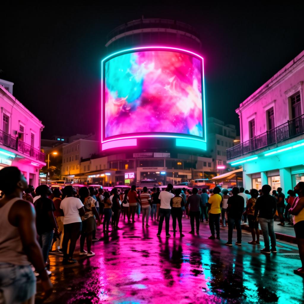 Crowd in Kingston captivated by a glowing Visual Vibe digital billboard at night