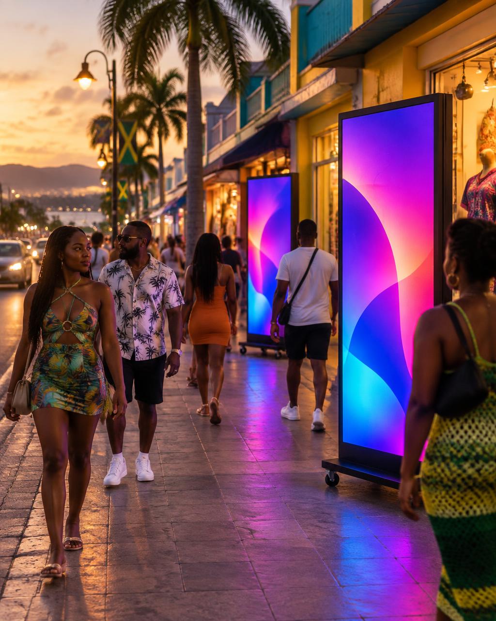 Visual Vibe MUPI digital screens glowing on the Hip Strip in Montego Bay at dusk with pedestrians passing by